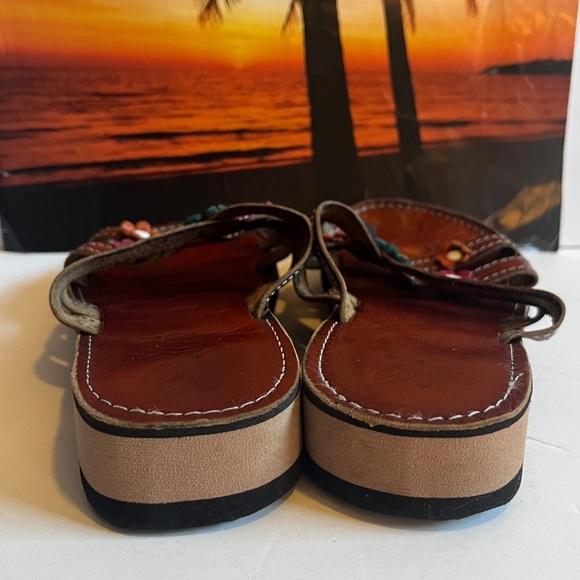 All genuine leather handmade in Mexico brown& colorful floral Women's flip flops - Picture 5 of 6